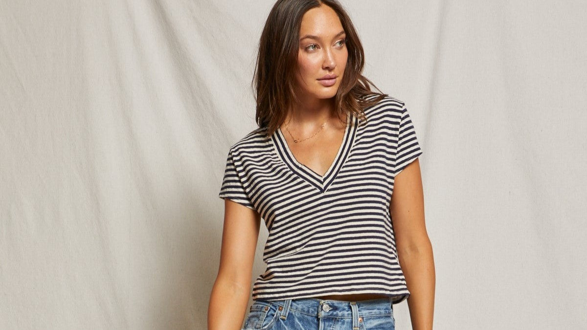 A collection of our favorite t-shirts including this striped v-neck navy and cream t-shirt.