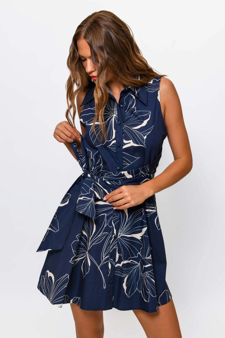 Navy Two Tone Floral Cross Tie Biltmore Mini Dress
