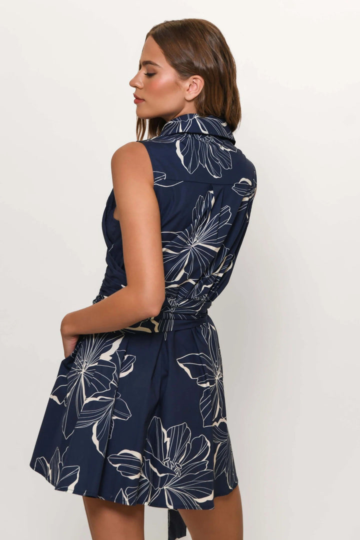 Navy Two Tone Floral Cross Tie Biltmore Mini Dress
