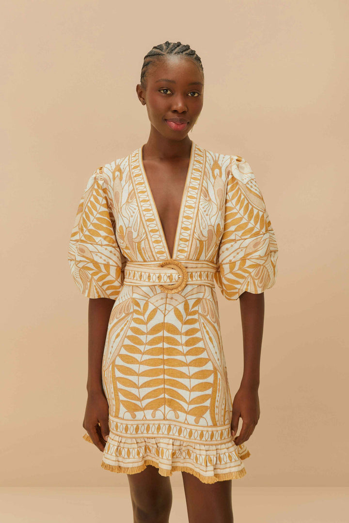 Off-White Camel Lace Nature Linen Mini Dress