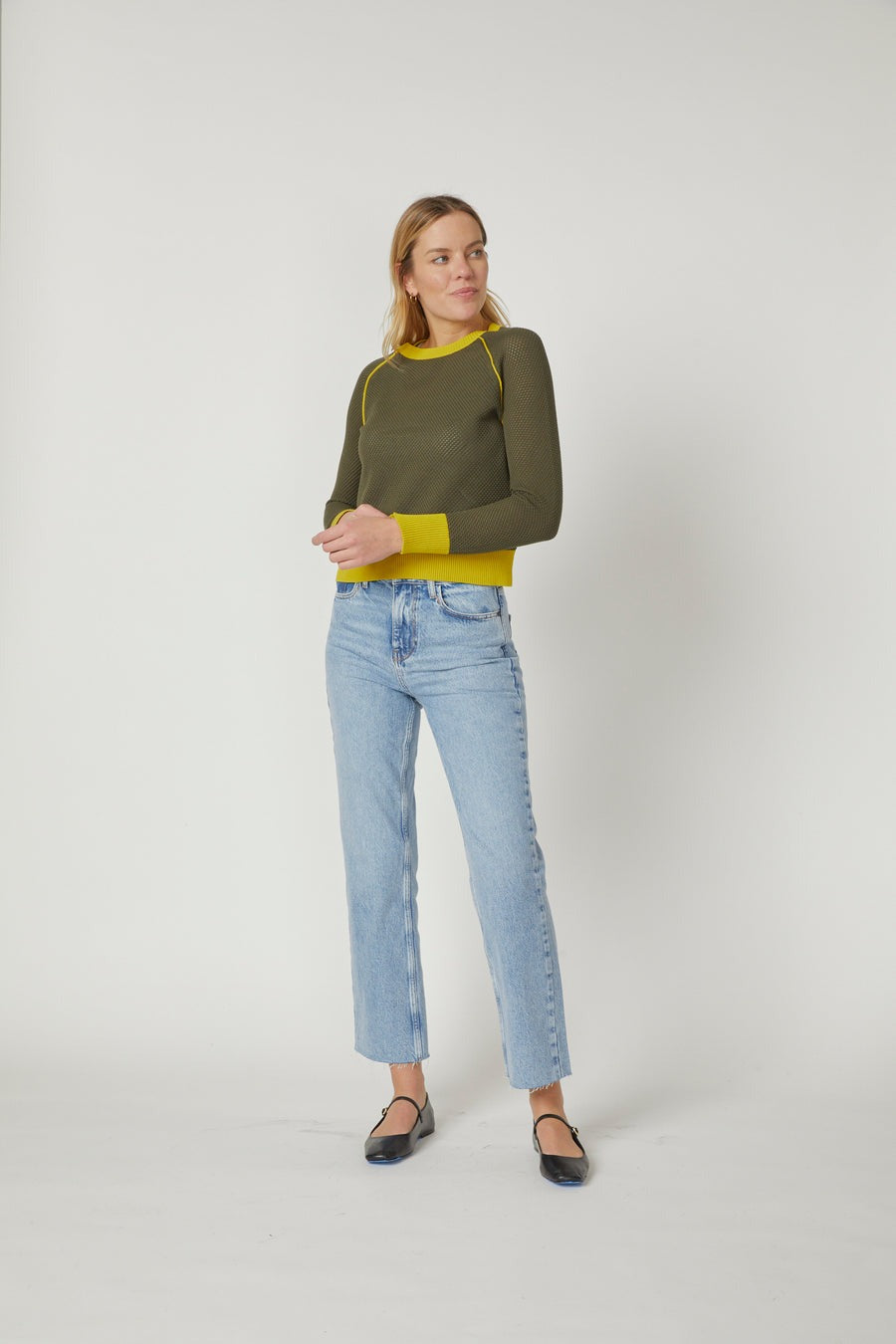 Olive Green And Mustard Mesh Sweater