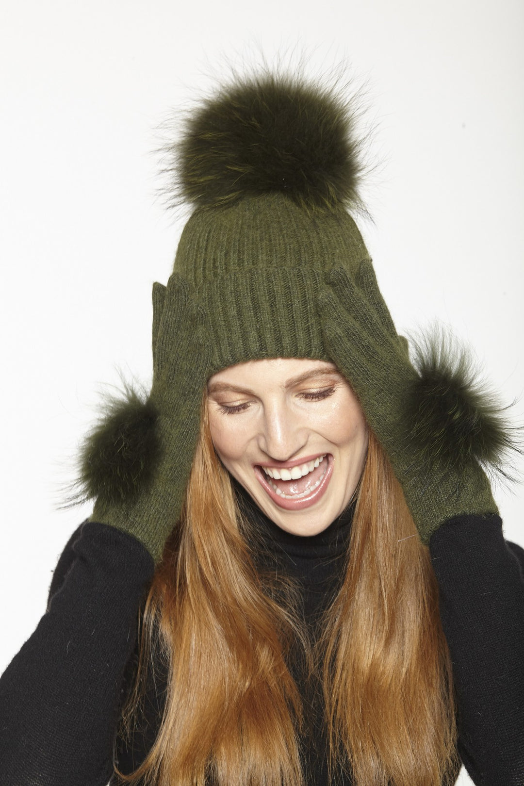 Olive Green Angora Blend Fur Pom Hat