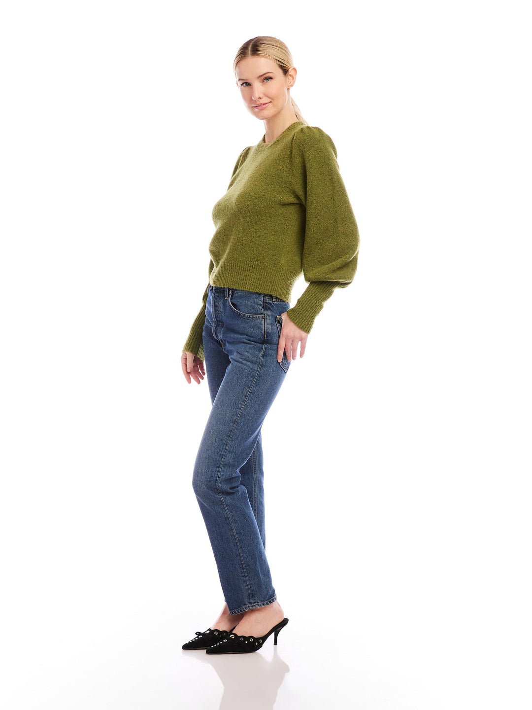 Olive Shirred Sleeve Lia Sweater