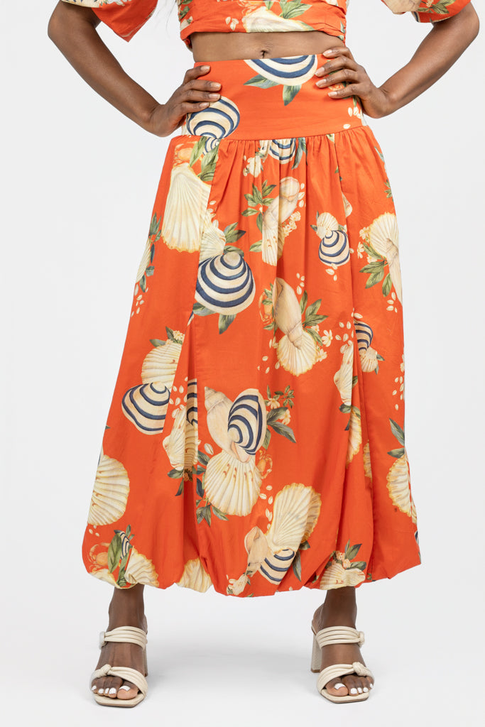 Orange And Sea Shell Print Bubble Maxi Skirt
