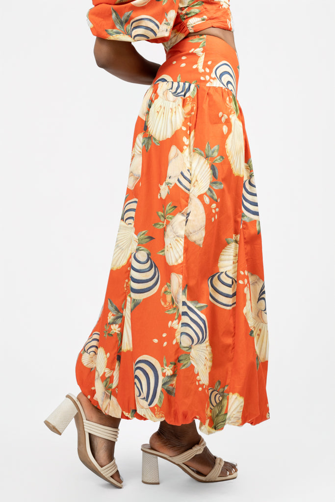 Orange And Sea Shell Print Bubble Maxi Skirt