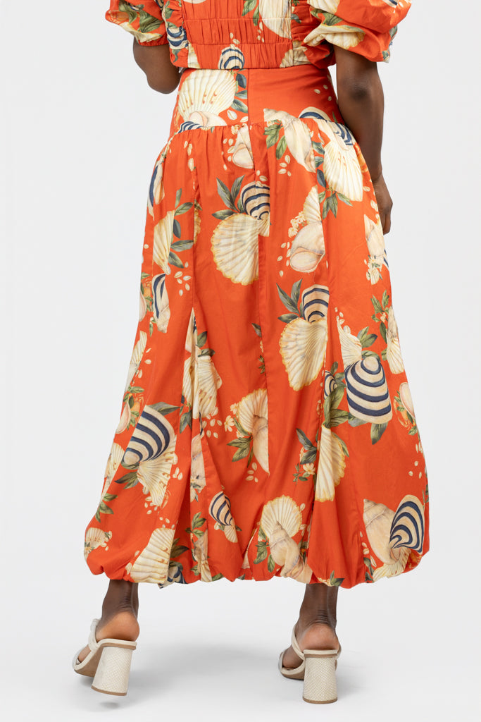 Orange And Sea Shell Print Bubble Maxi Skirt