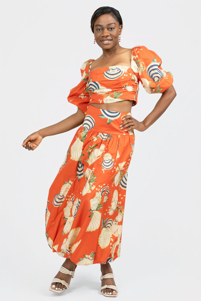 Orange And Sea Shell Print Cropped Top