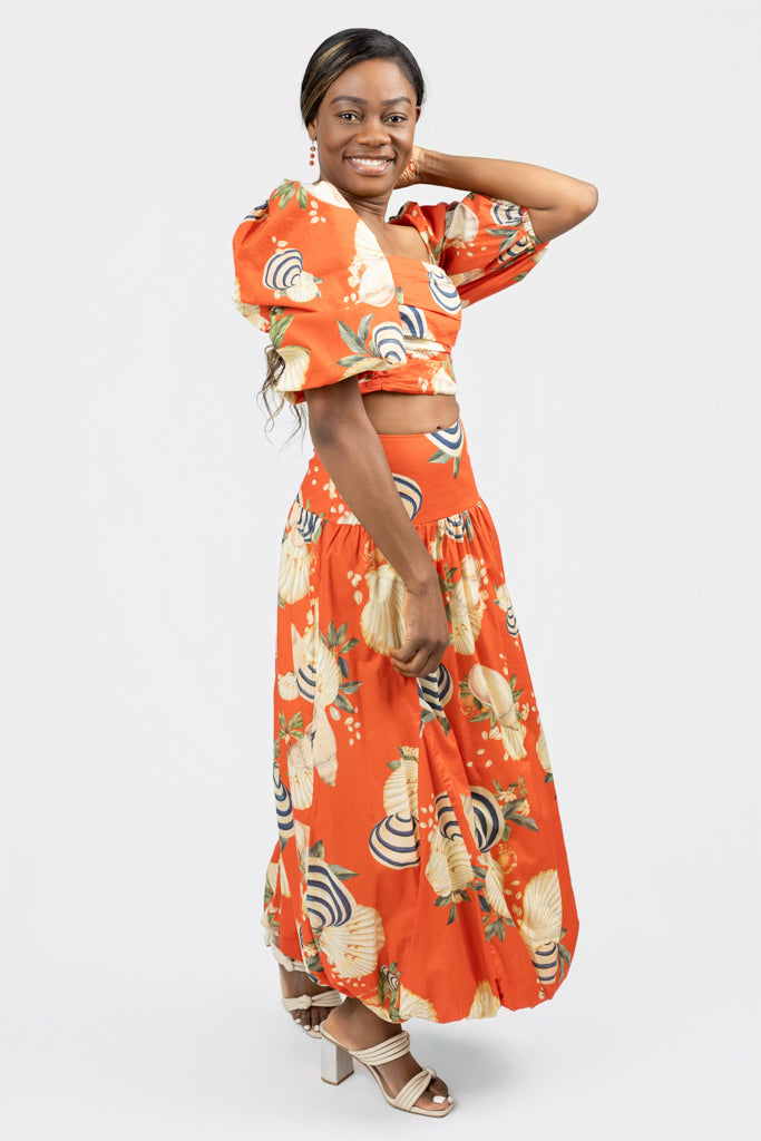 Orange And Sea Shell Print Cropped Top
