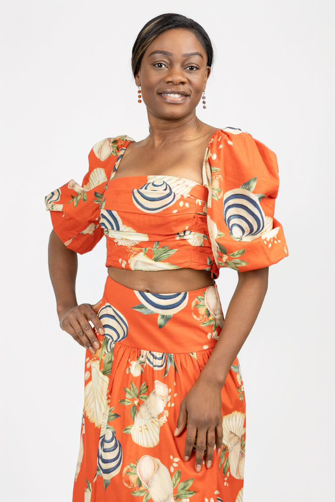 Orange And Sea Shell Print Cropped Top