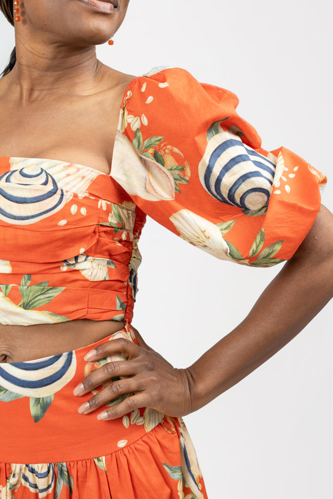 Orange And Sea Shell Print Cropped Top