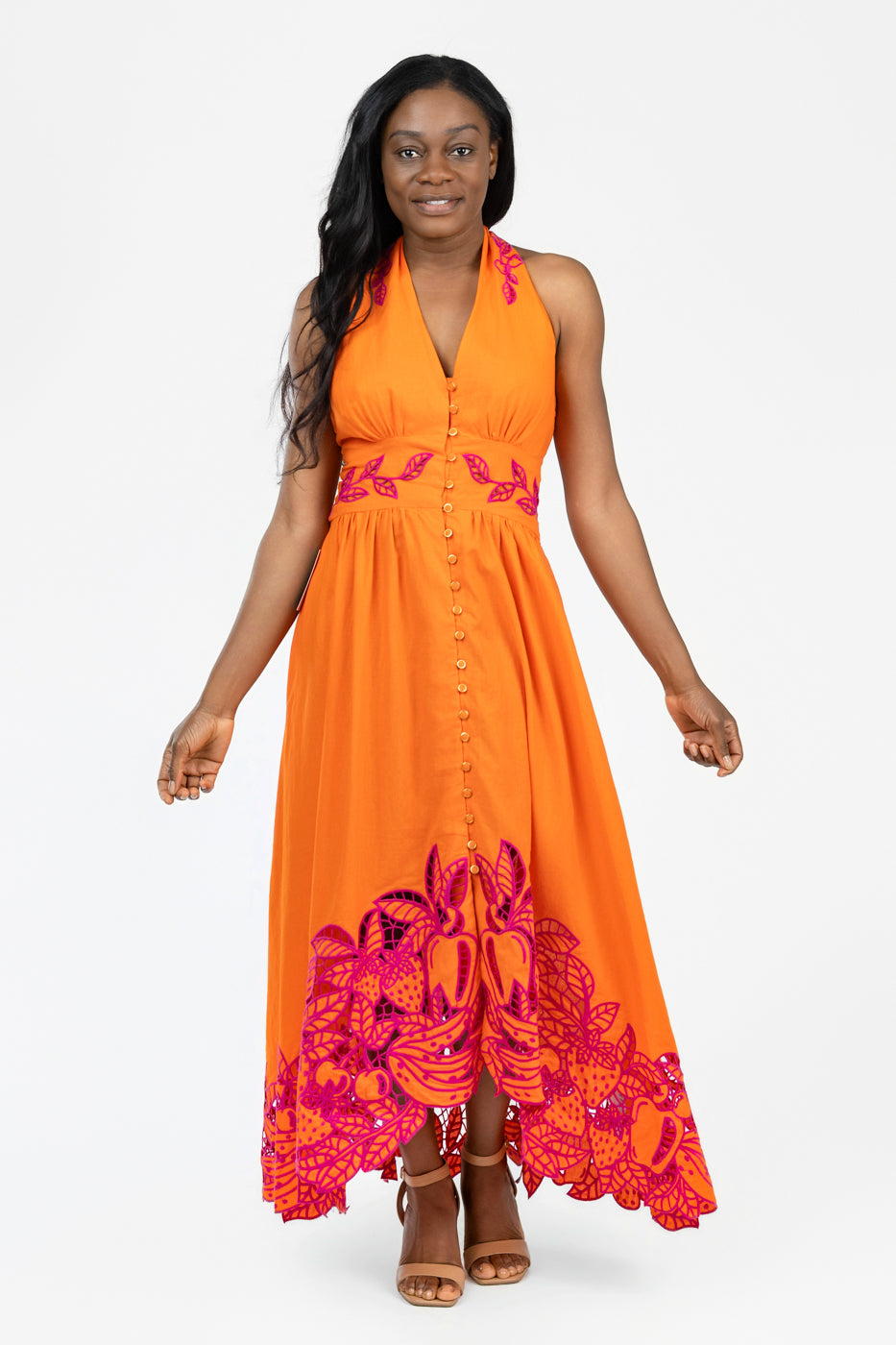 Orange Fruit Richiliuer Artisanal Maxi Dress