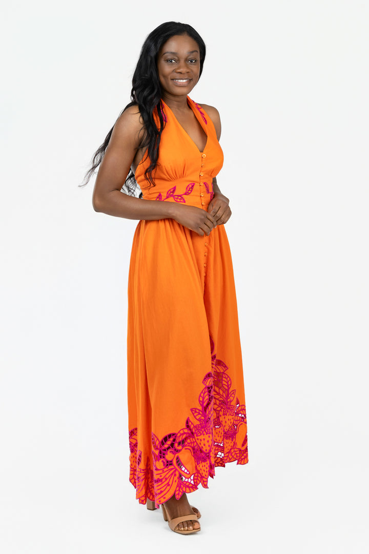 Orange Fruit Richiliuer Artisanal Maxi Dress