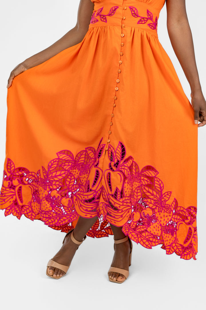 Orange Fruit Richiliuer Artisanal Maxi Dress