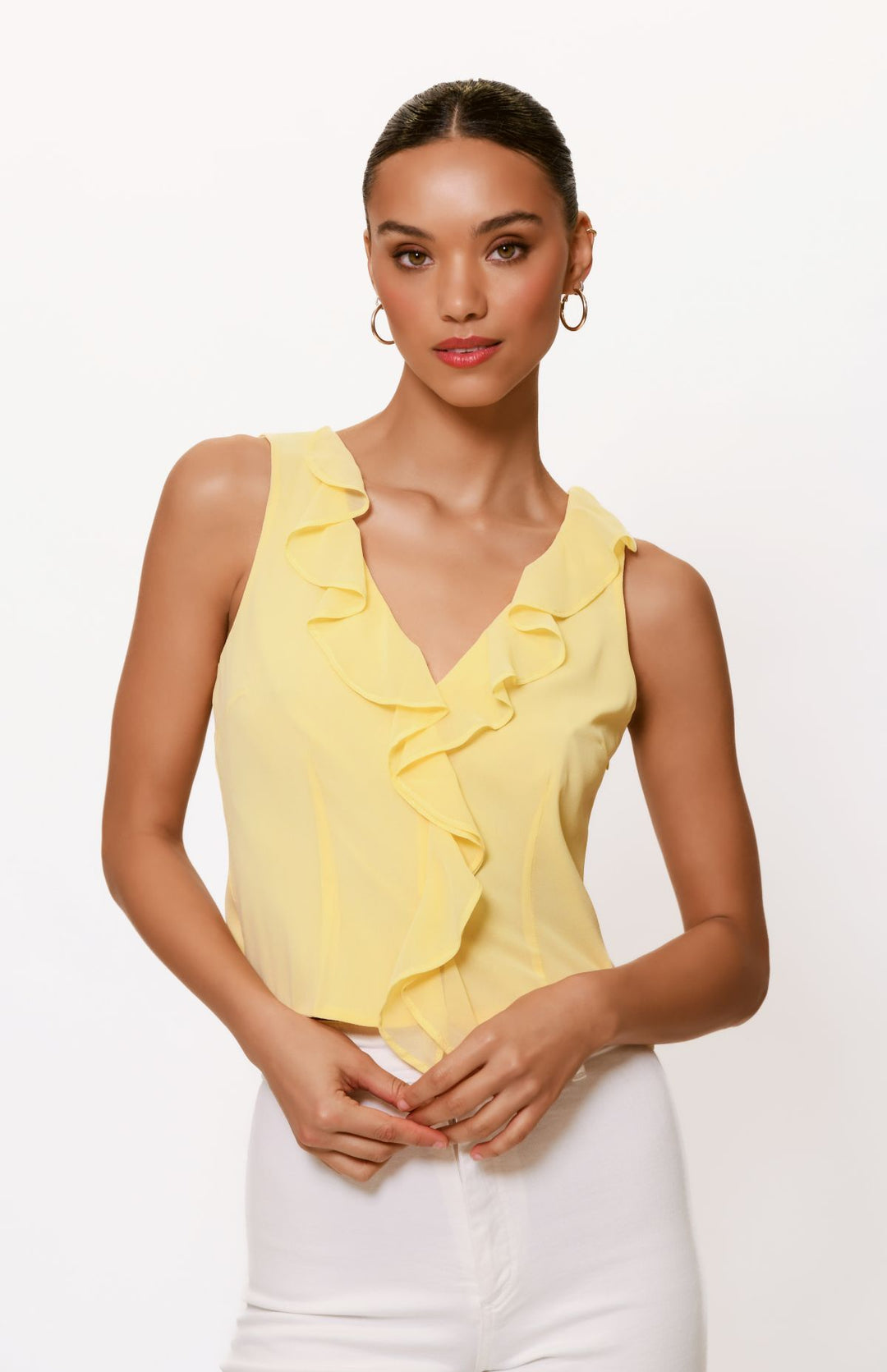 Pale Yellow Ruffle Trim Sleeveless Kimora Top
