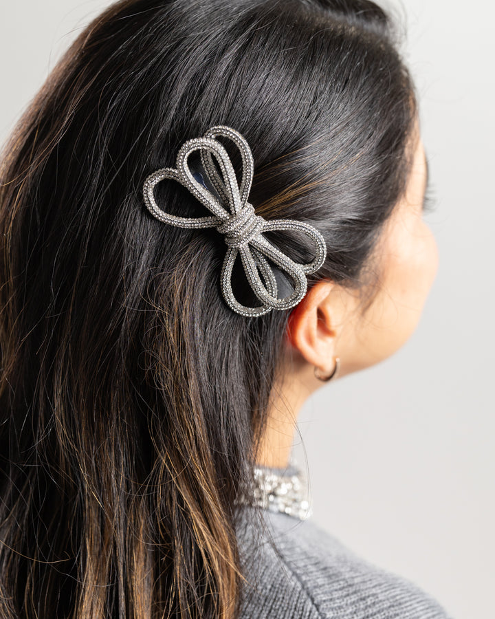 Pave String Ribbon Bow Tie Hair Clip