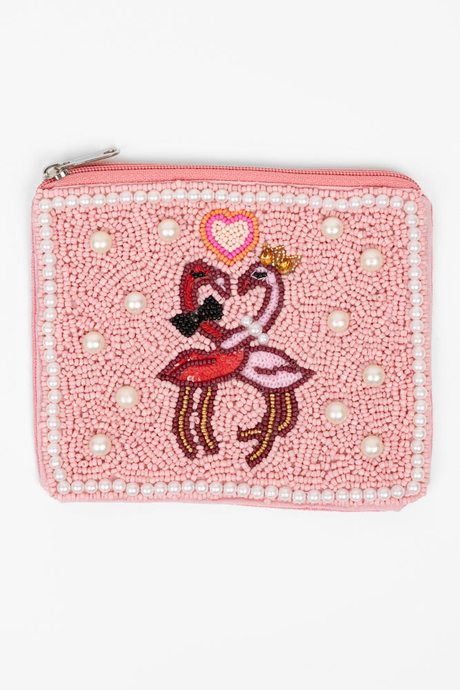 Pink Flamingo Beaded Pouch