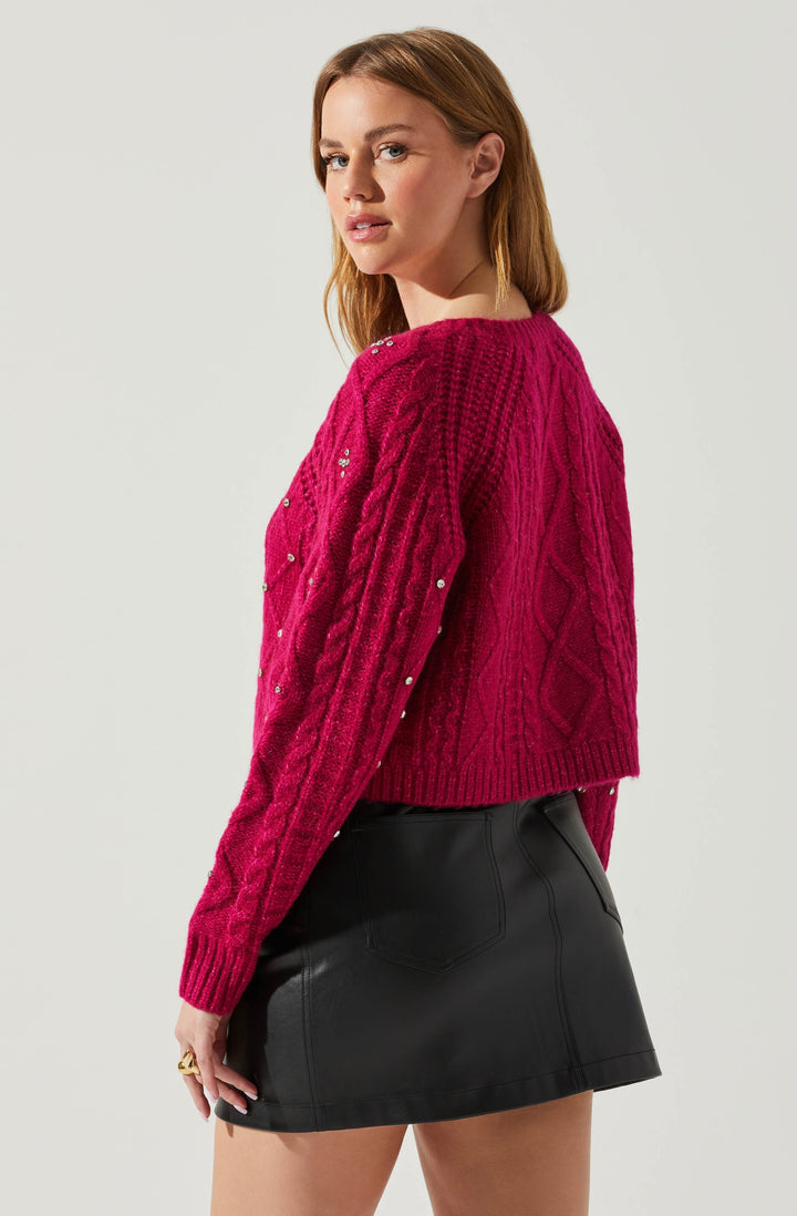 Pink Rhinestone Embellished Cable Knit Madison Sweater