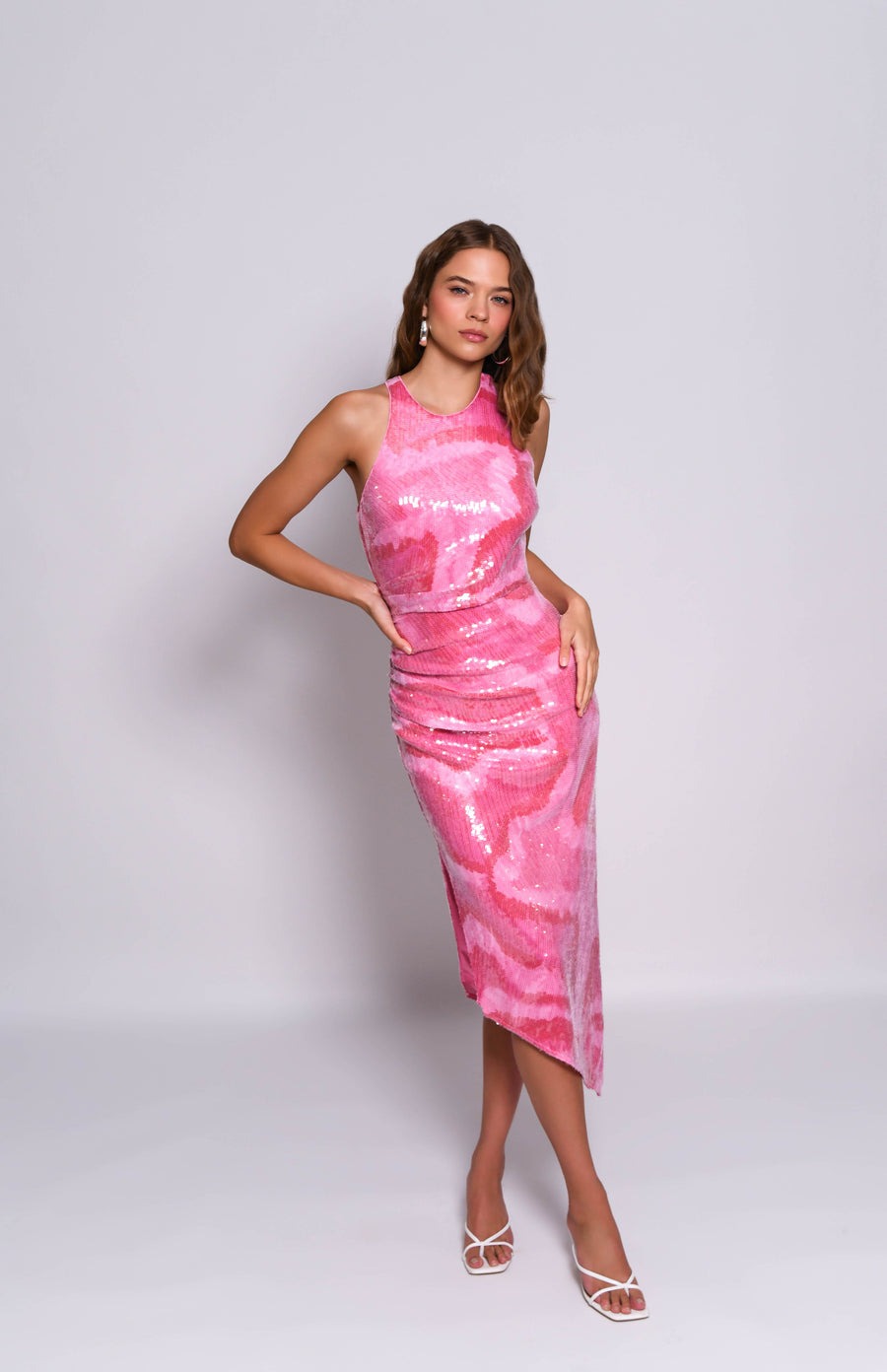 Pink Sequin Bodycon Perla Midi Dress