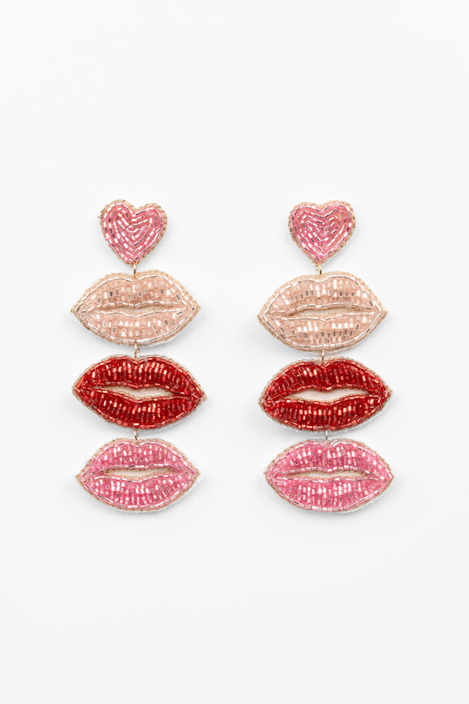 Pink Triple Lip Beaded Earrings