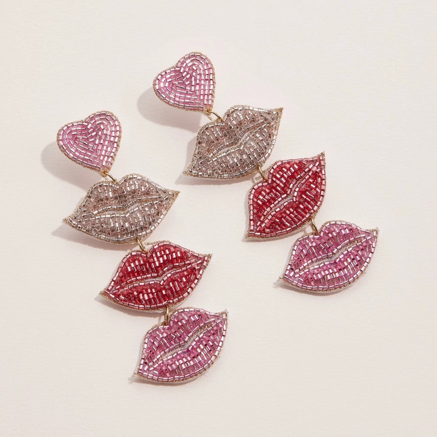 Pink Triple Lip Beaded Earrings