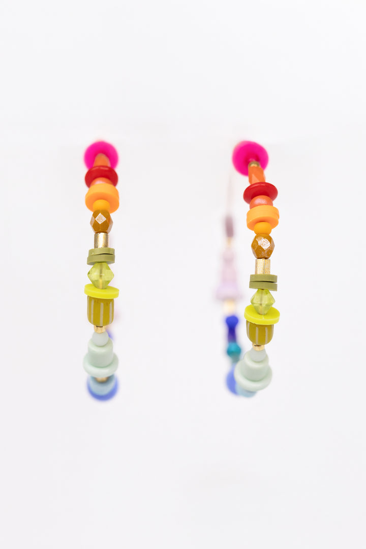 Rainbow Beaded Large Hoop Earrings