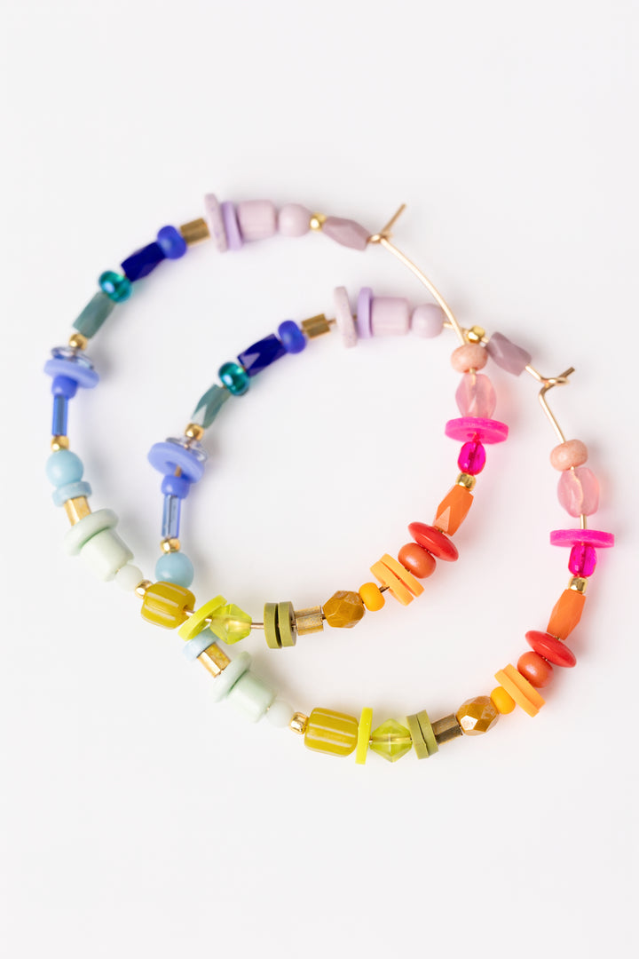 Rainbow Beaded Large Hoop Earrings