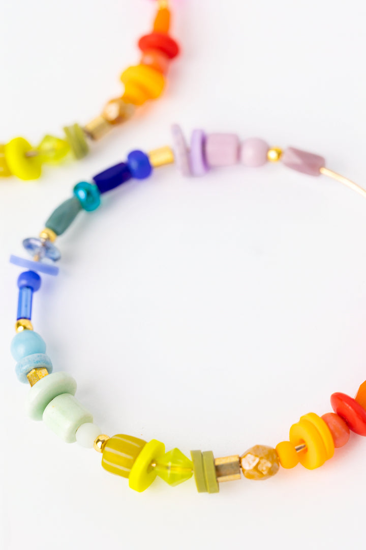 Rainbow Beaded Large Hoop Earrings