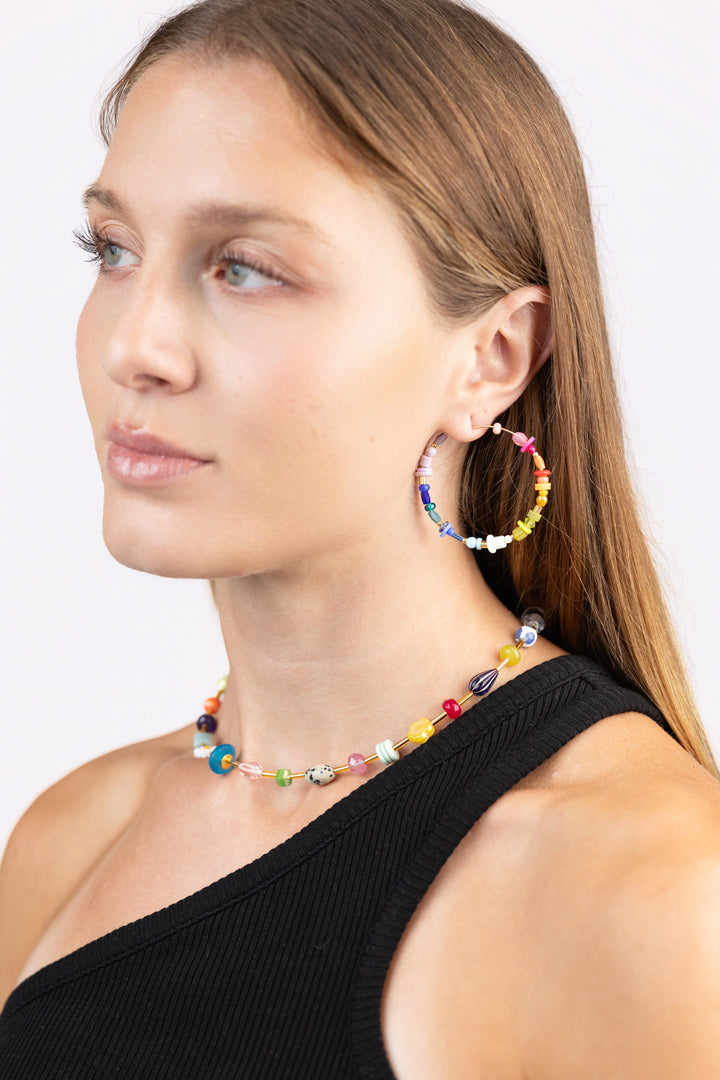 Rainbow Beaded Large Hoop Earrings