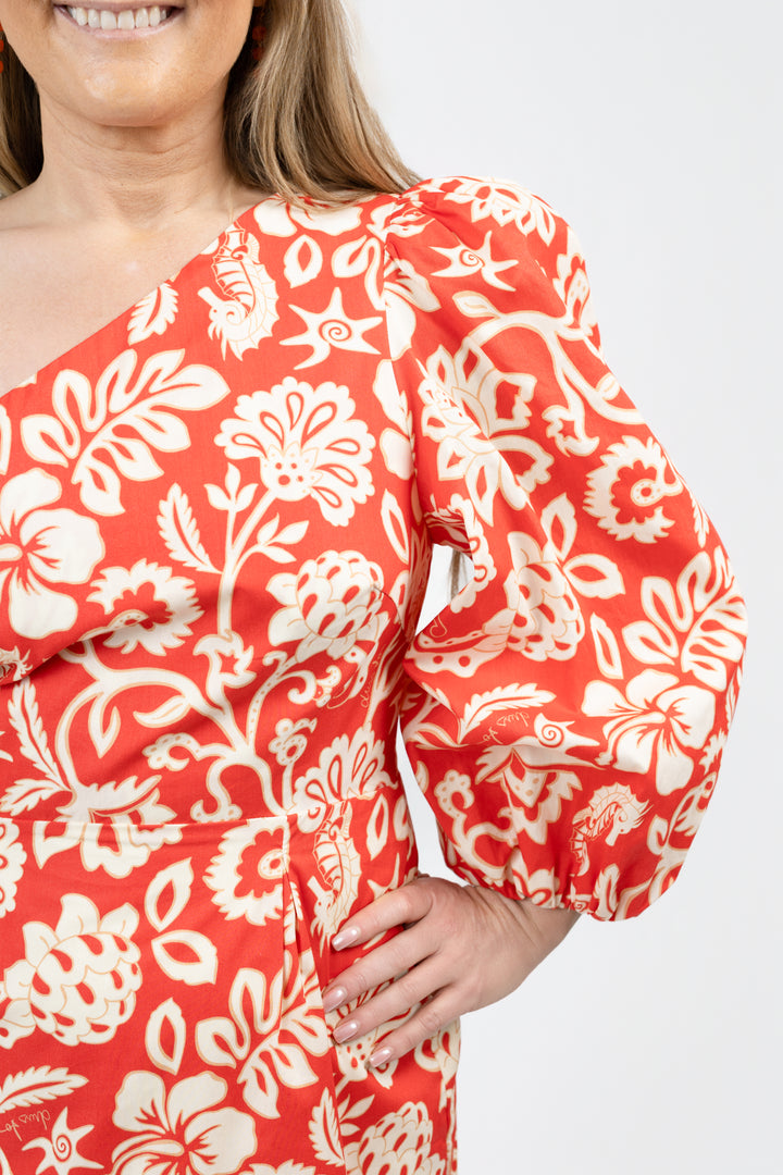 Red And Sand One Shoulder Mini Dress
