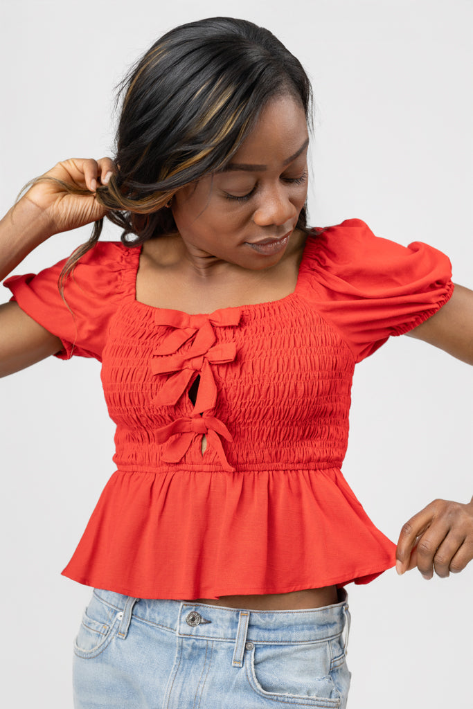 Red Smocked Darlene Top