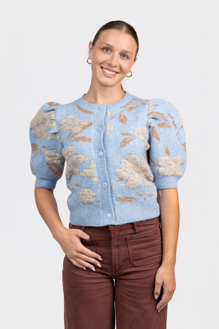Retro Blue Floral Puff Sleeve Taly Cardigan