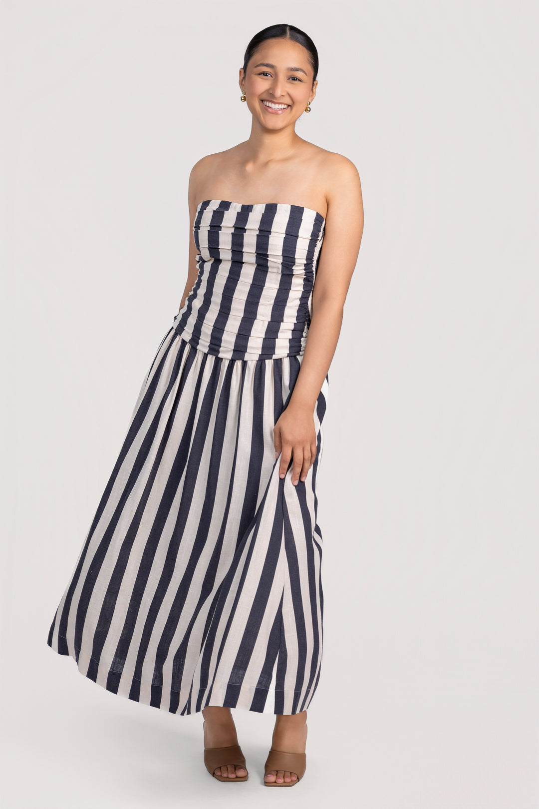 Sand Navy Stripe Strapless Midi Dress