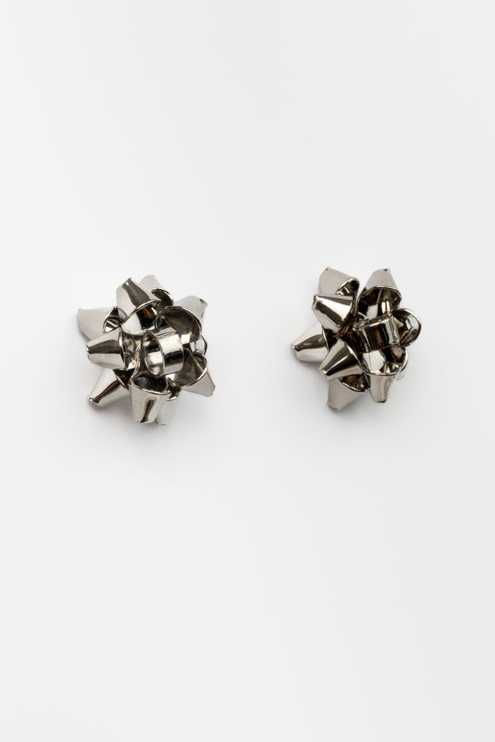 Silver Christmas Gift Bow Stud Earrings