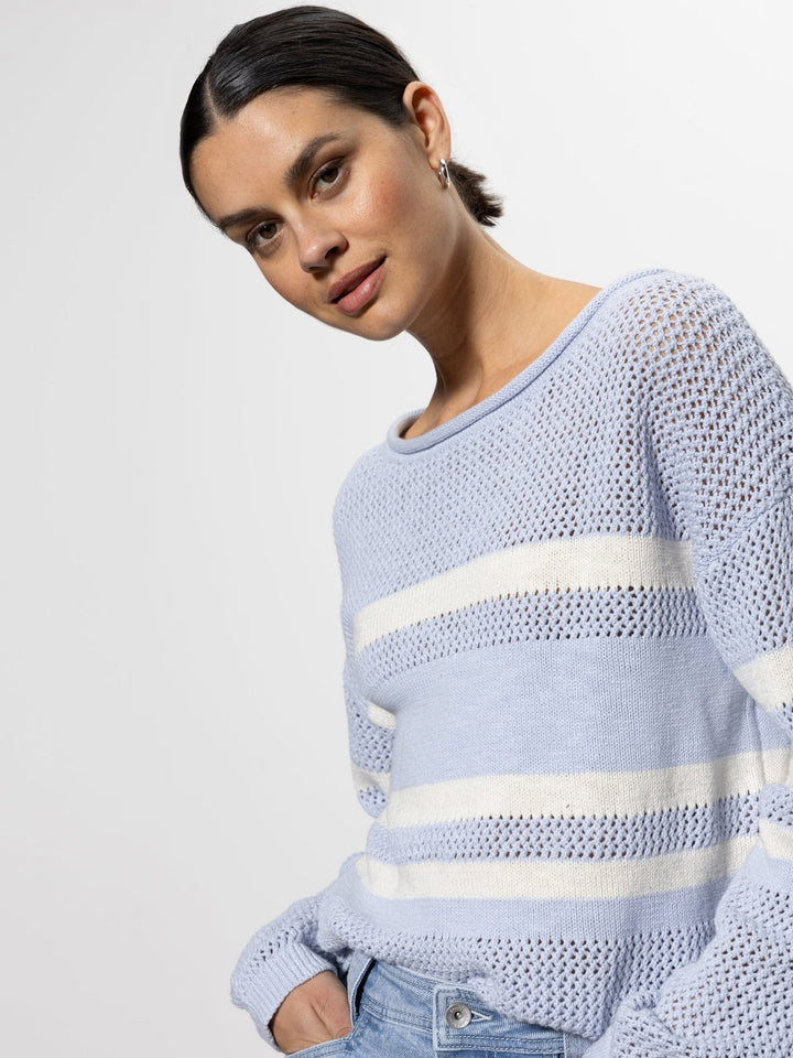 Sky Blue And Chalk Sporty Stripe Open Knit Sweater