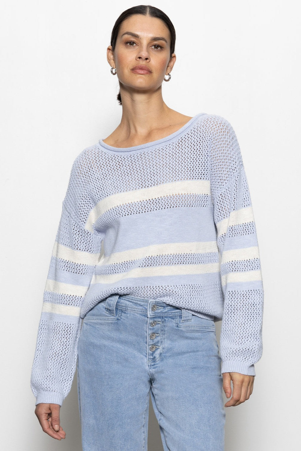 Sky Blue And Chalk Sporty Stripe Open Knit Sweater