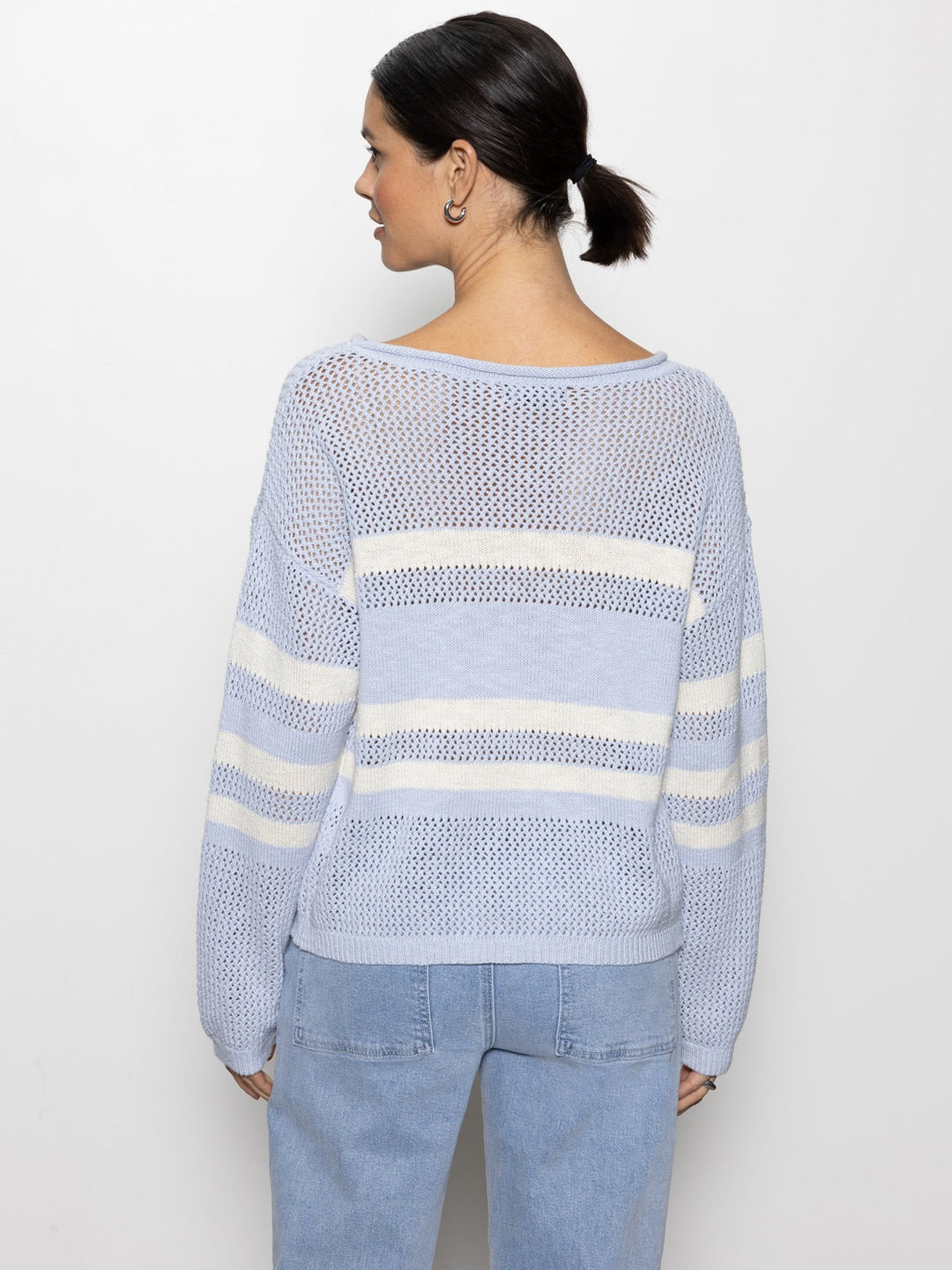 Sky Blue And Chalk Sporty Stripe Open Knit Sweater