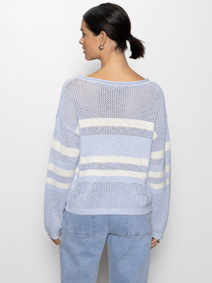 Sky Blue And Chalk Sporty Stripe Open Knit Sweater