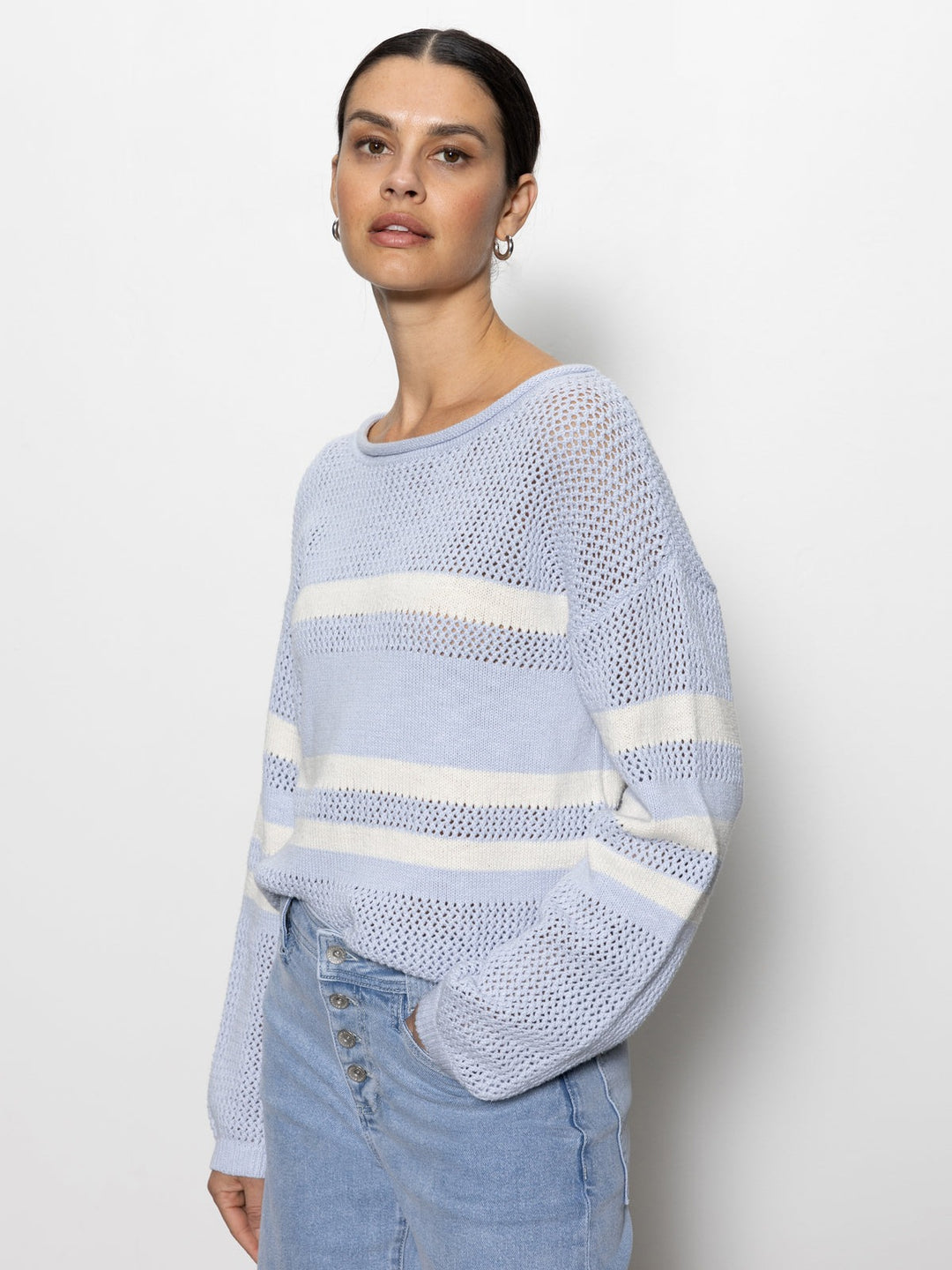 Sky Blue And Chalk Sporty Stripe Open Knit Sweater