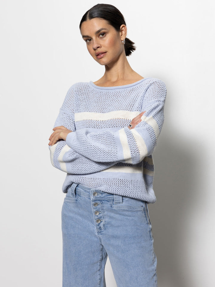 Sky Blue And Chalk Sporty Stripe Open Knit Sweater