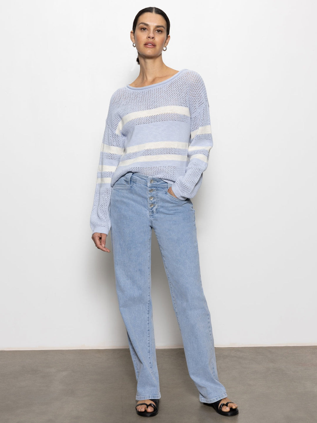 Sky Blue And Chalk Sporty Stripe Open Knit Sweater