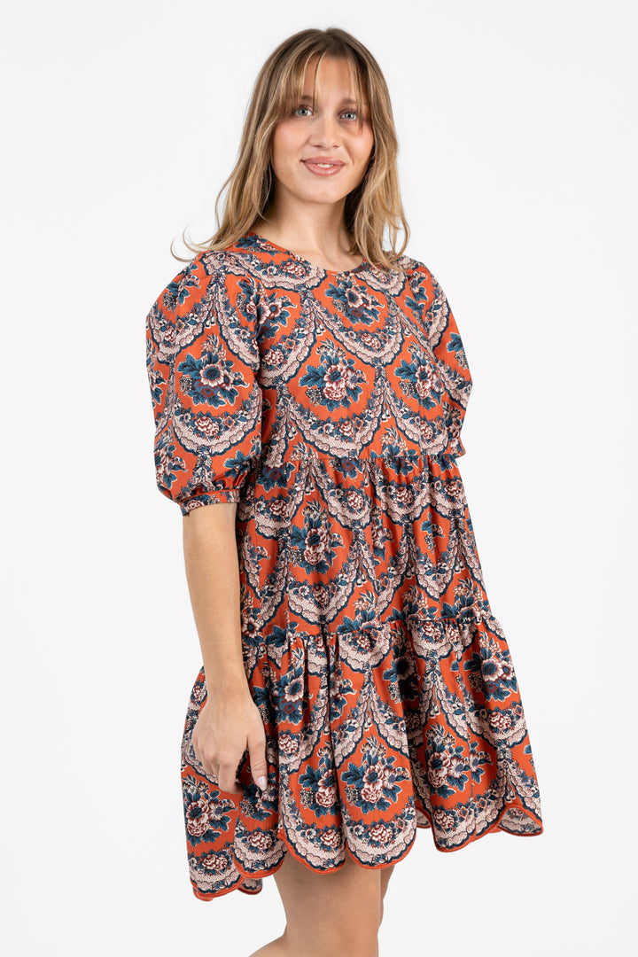 Terracotta Victorian Floral Mini Dress