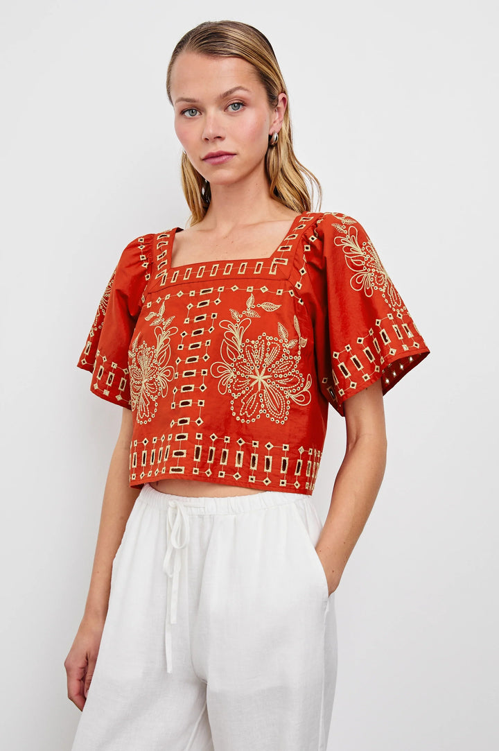 Terracotta Eyelet Embroidery Laine Top