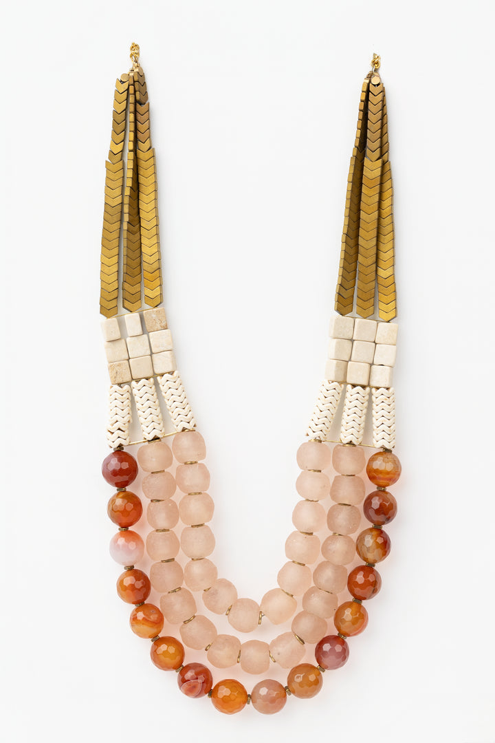Triple Strand African Glass And Hematite Necklace