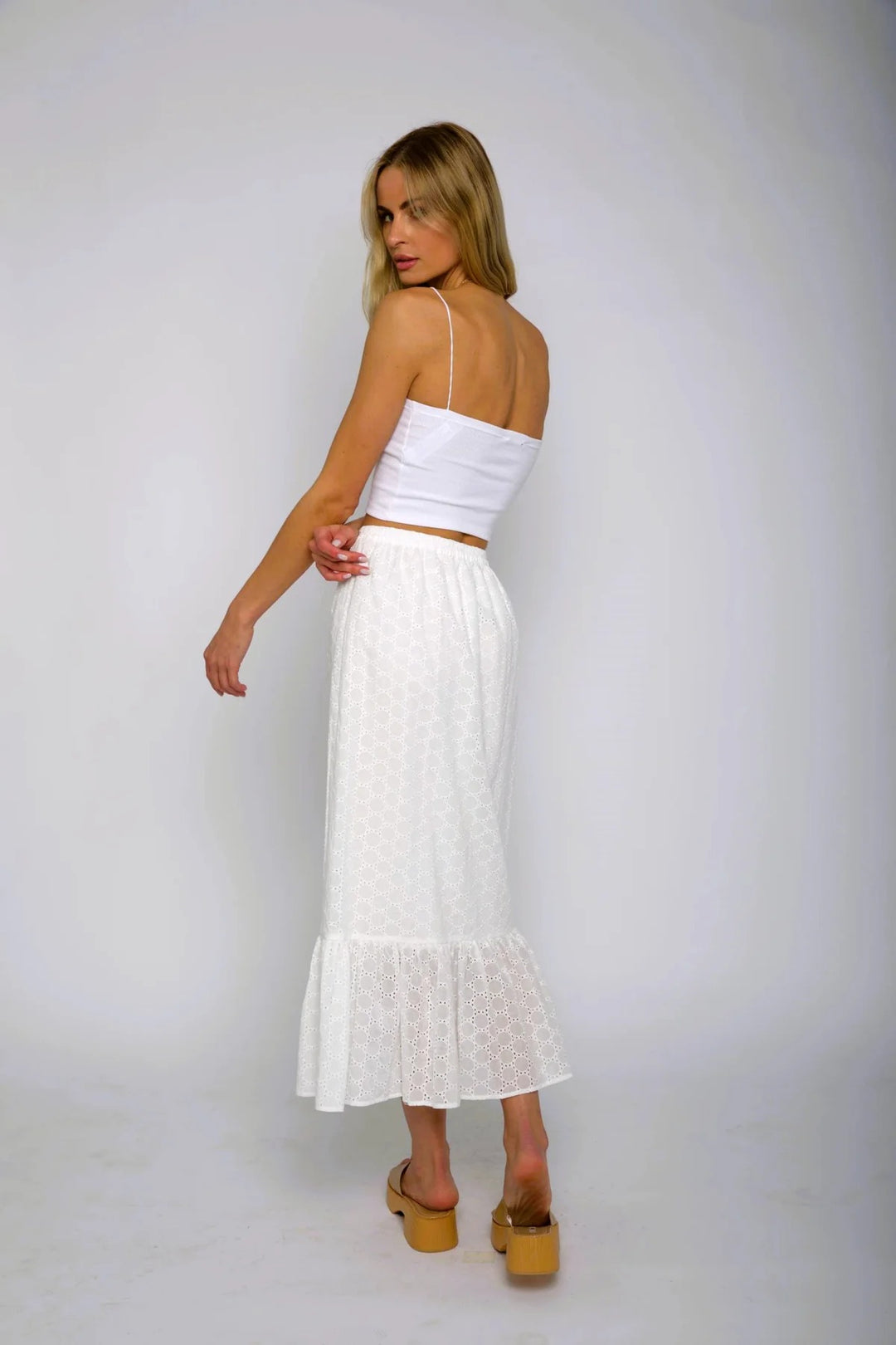 White Agnes Eyelet Midi Skirt