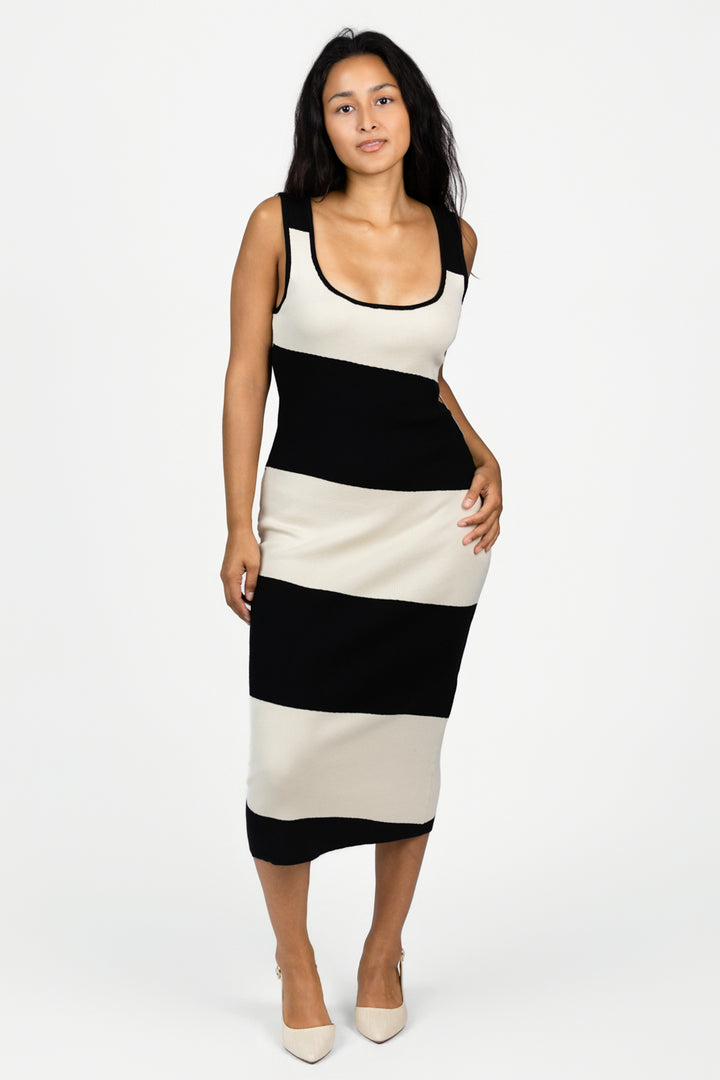 White Black Stripe Knitted Dress