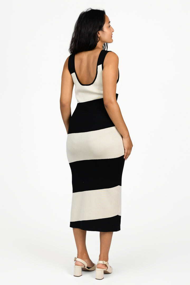 White Black Stripe Knitted Dress