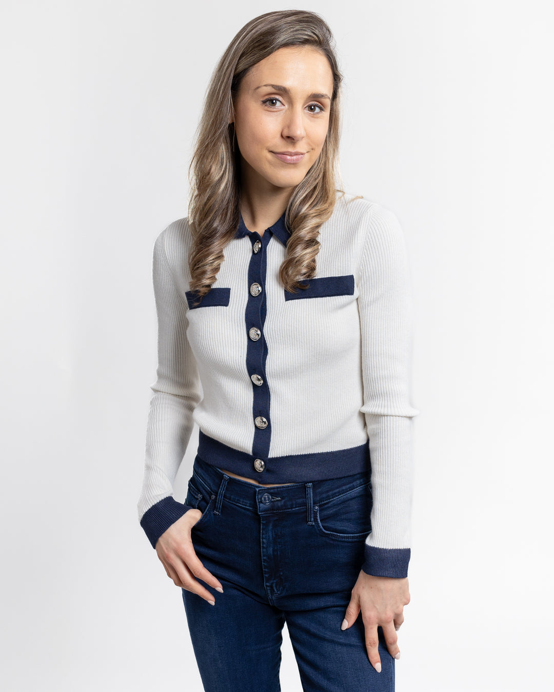 White Whisper And Navy Blue Contrast Tipping Ayda Cardigan