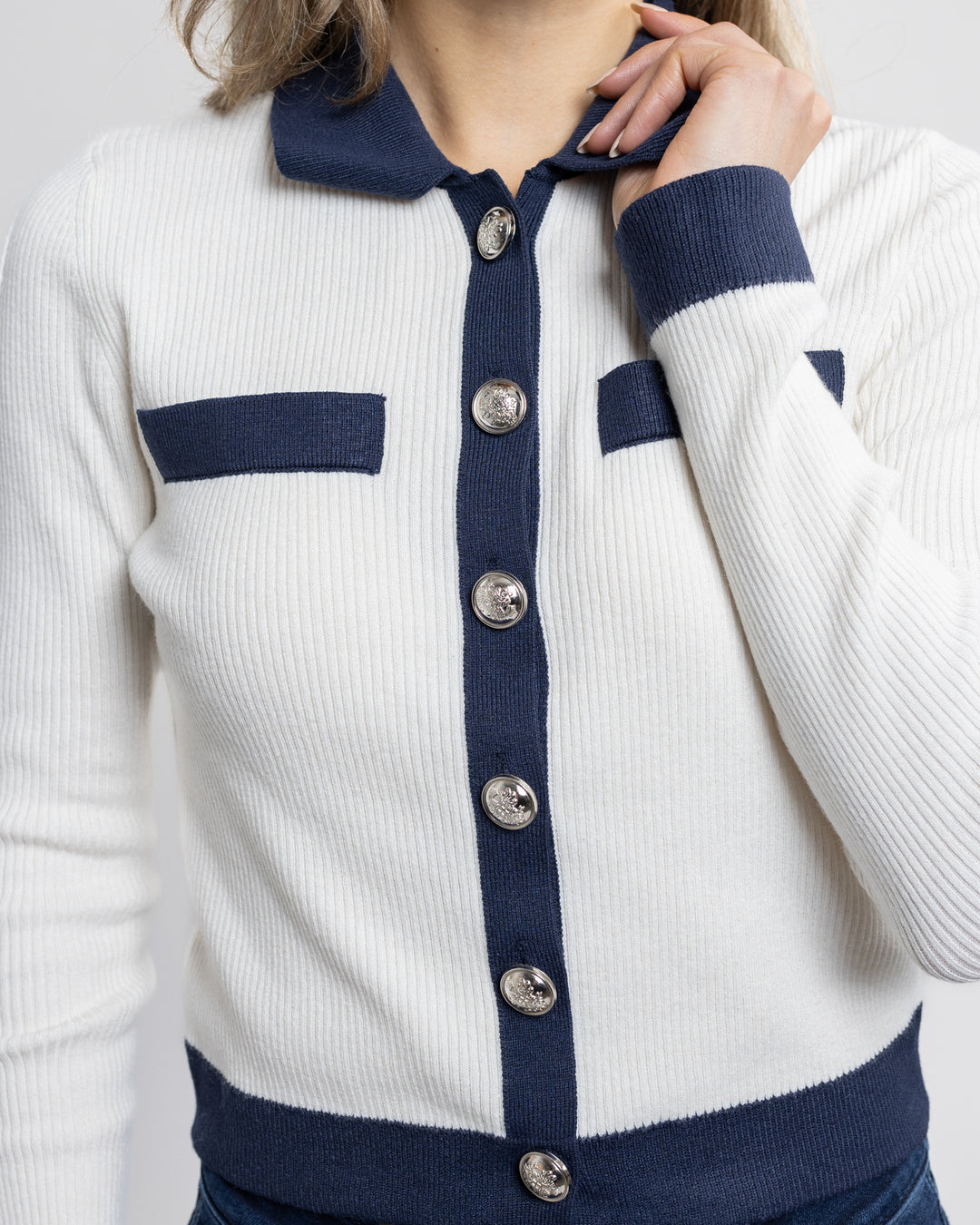 White Whisper And Navy Blue Contrast Tipping Ayda Cardigan