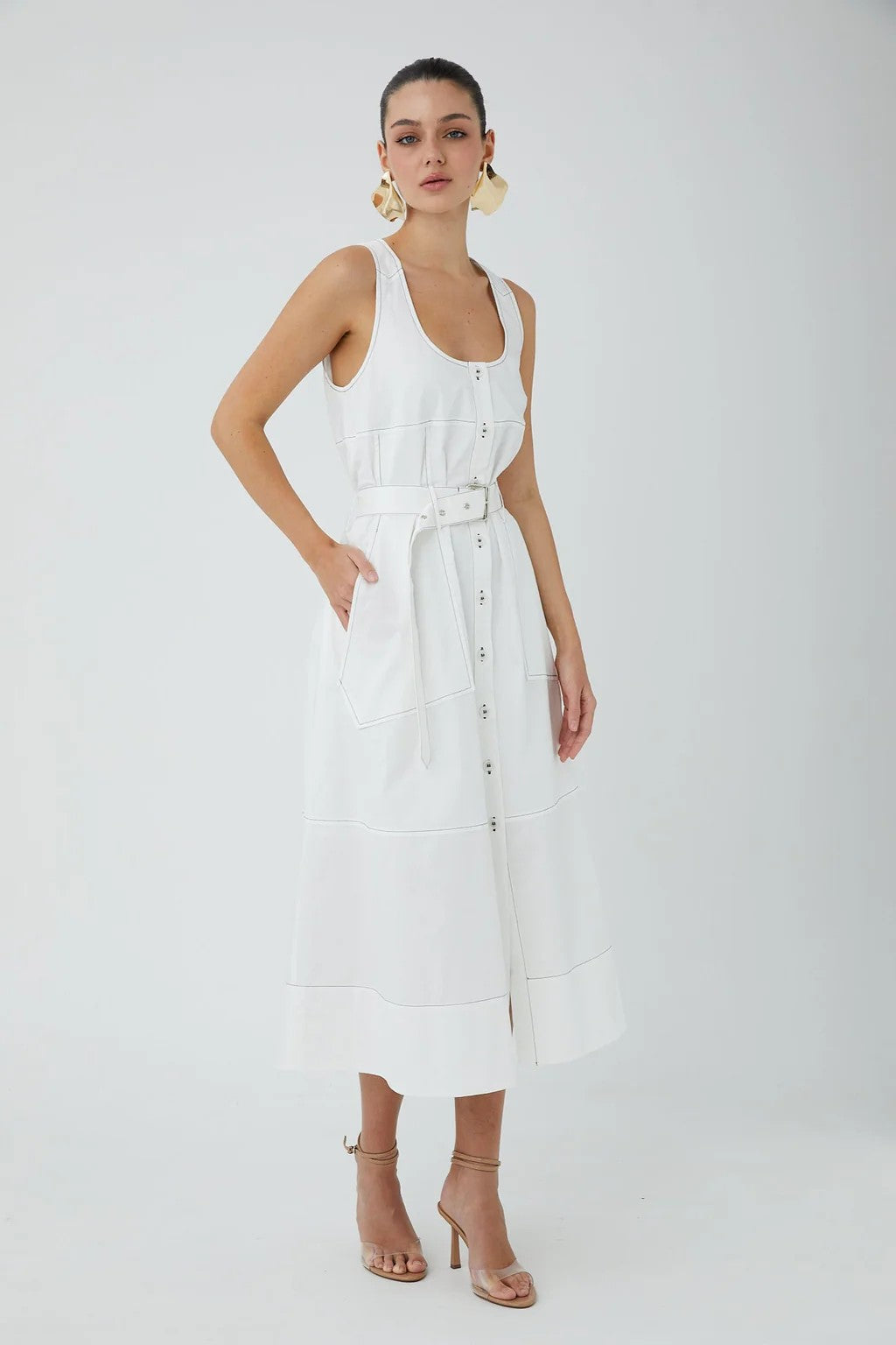 White Sleeveless Saunders Midi Dress