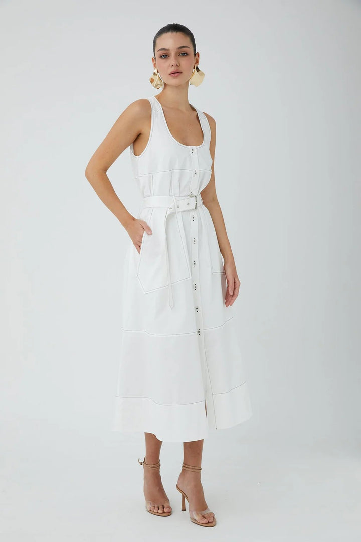 White Sleeveless Saunders Midi Dress